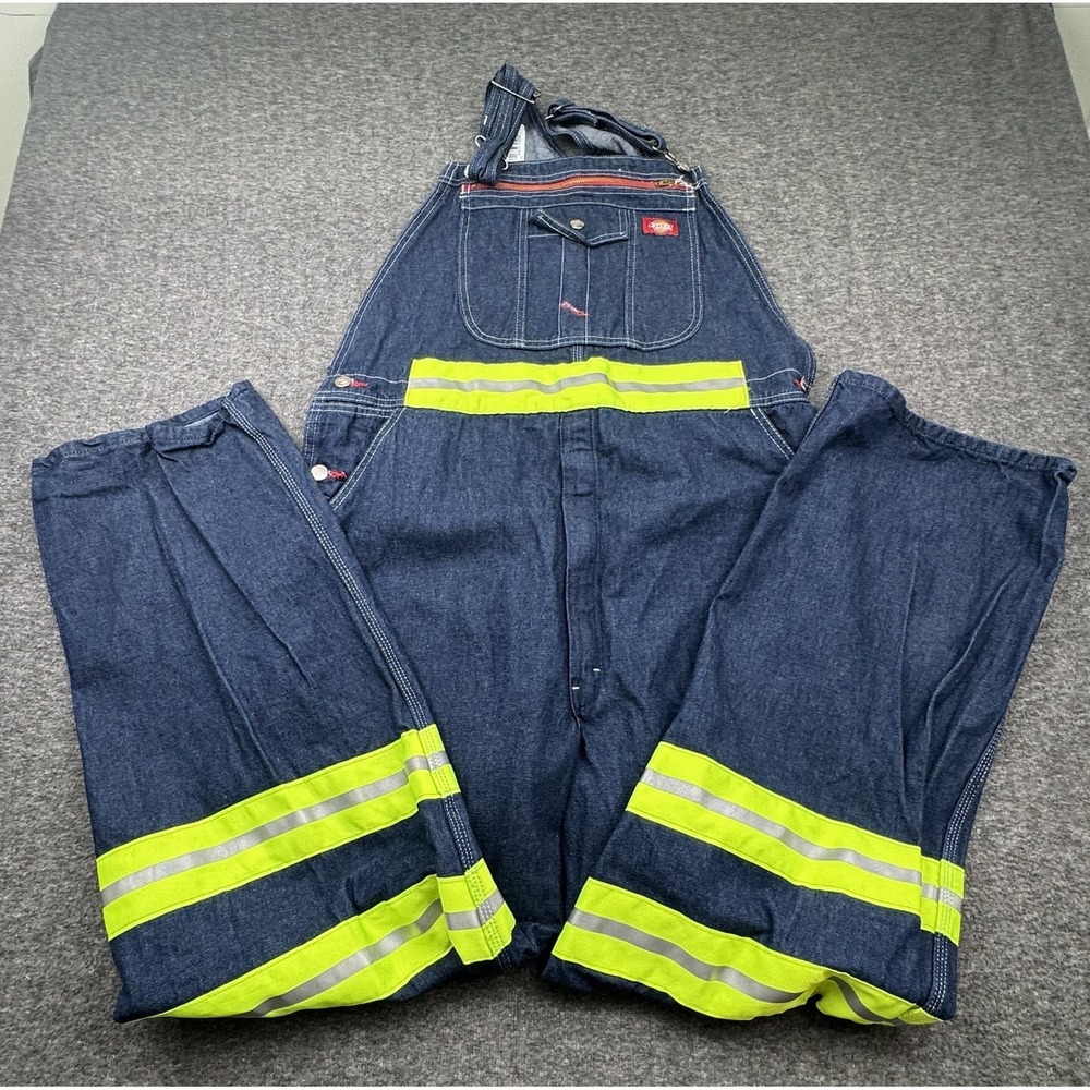 Dickies E-Vis Bib Overalls Mens 38x32 Denim High Visibility Yellow Reflective